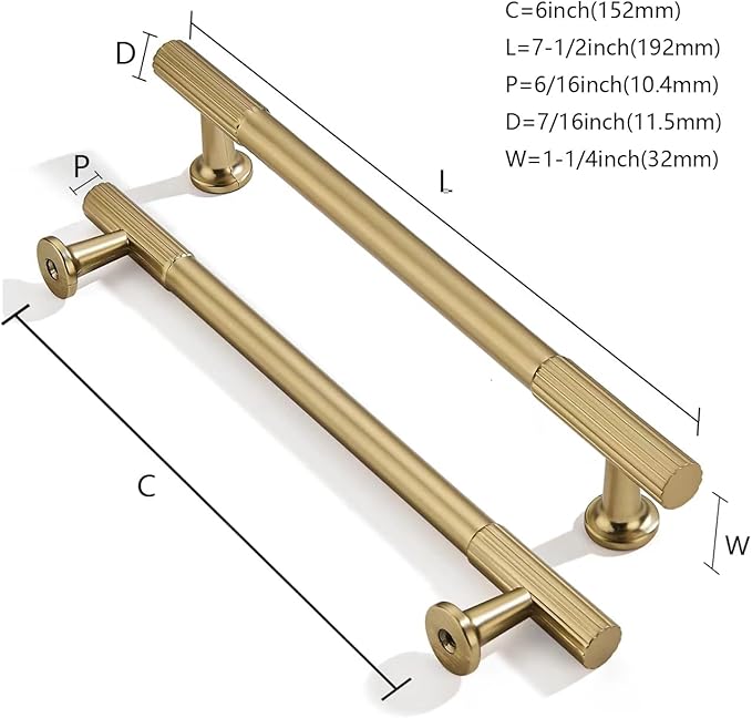 khtumeware 6 Inch Hole Center 2 Pack Brushed Brass Heavy Duty Solid Warm Brass Cabinet Pulls, Kitchen Drawer Handles, for Dresser cabinets, cabinets