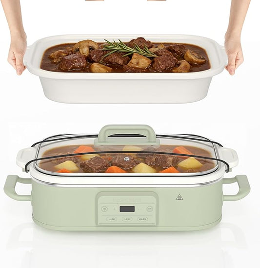 4 Quart Casserole Programmable Slow Cooker with Ceramic Baking Dish - Perfect Kitchen Small Appliance for Family Dinners, Oven Safe and Durable Bakeware for Lasagna, Roasts (Sage)