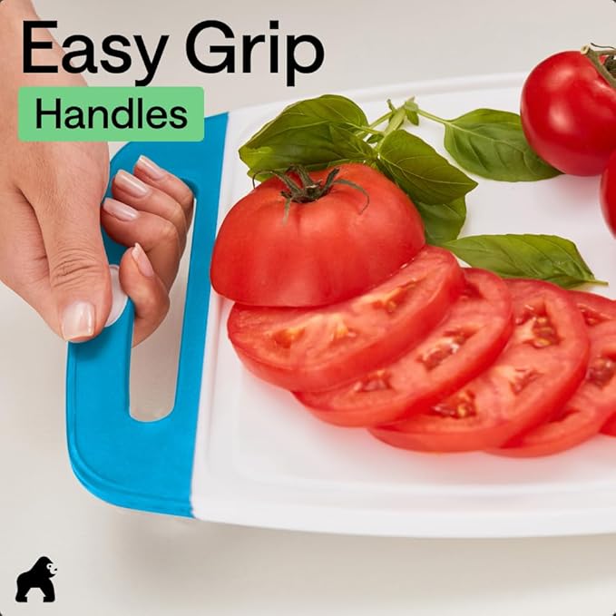 GORILLA GRIP BPA-Free Reversible Kitchen Cutting Board Set of 3, US Designed, Nonporous, Juice Grooves Catch Liquid, Slip Resistant Border, Dishwasher Safe Large Food Chopping Boards, Black Aqua Gray