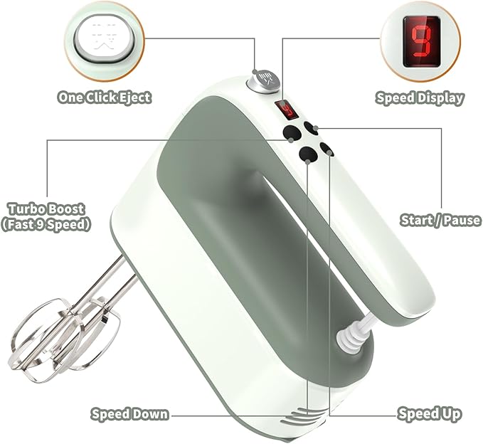 9-Speed Digital Hand Mixer Electric, 400W Powerful DC Motor, Hand Mixer Electric Handheld with Snap-On Storage Case, 5 Stainless Steel Accessories, Beaters, Dough Hooks, Whisk(Light Green)