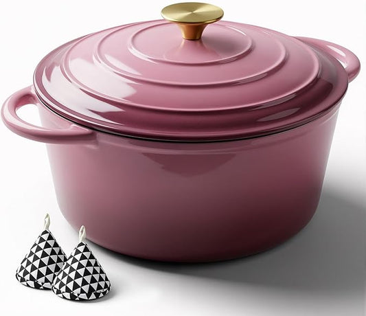 Miereirl 6 Quart Enameled Dutch Oven Pot with Lid, Cast Iron Dutch Oven with Dual Handles for Bread Baking, Cooking, Non-stick Enamel Coated Cookware, Rose