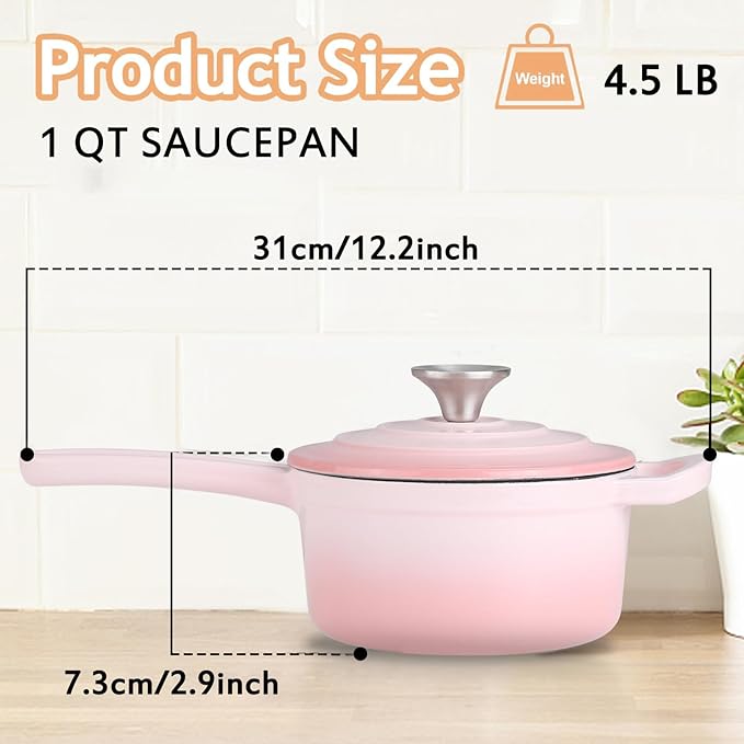 Enameled Cast Iron Sauce Pan, 1 Quart Enameled Saucepan with Lid, Mini Dutch Oven Enamel Saucepan for Cooking Pasta Sauce, Gravy, Puddings, Marinate, Boiling (Gradient Pink)