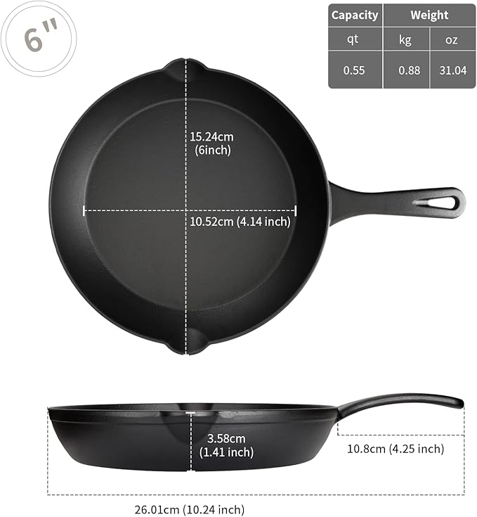 6 Inch Cast Iron Skillet – Pre-Seasoned Mini Frying Pan, Oven & Grill Safe, Christmas Holiday Cookware for Camping, Breakfast & Single-Serve Cooking