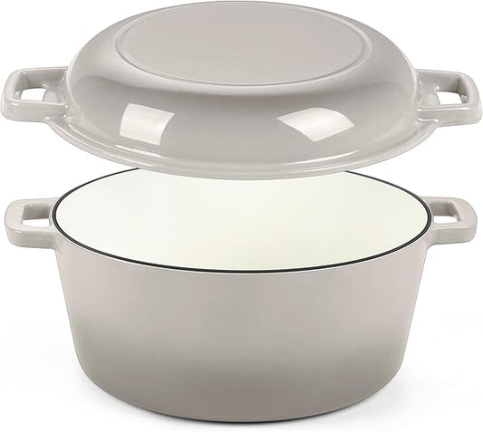 P&P CHEF 5Qt Dutch Oven Pot for Bread Baking (Khaki), 2 In 1 Round Cast Iron Dutch Oven with Lid Set, Skillet & Pot for Roasting Braising Stewing Frying Simmering, Multi Stoves & Oven Safe