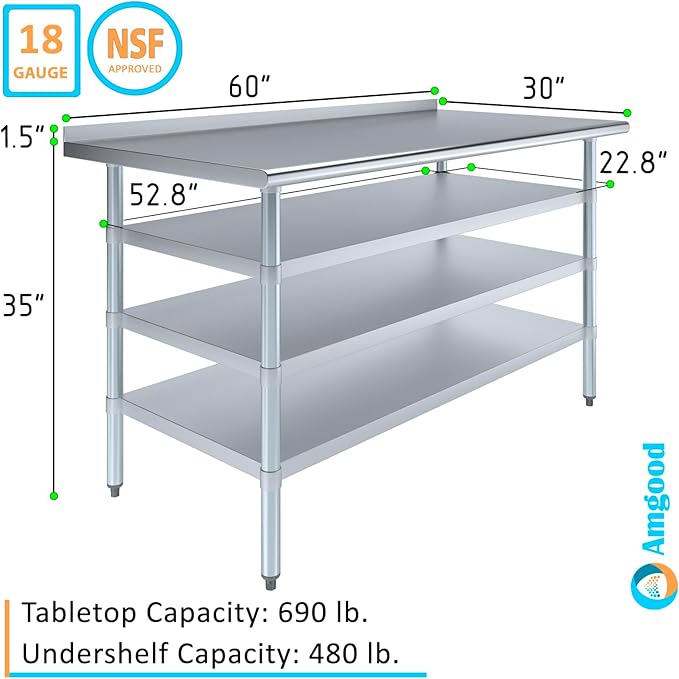 AmGood Stainless Steel Work Table with 1.5" Backsplash and 3 Shelves | Metal Kitchen Food Prep Table | NSF (60" Long x 30" Deep)