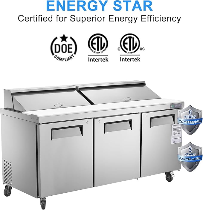 JINSONG 72" Commercial Refrigerator Sandwich Prep Table, 3 Door Salad Bar Buffet Station, Stainless Steel Refrigerated Food Prep Table with Cutting Board & 18 Pans for Restaurant Deli Bar
