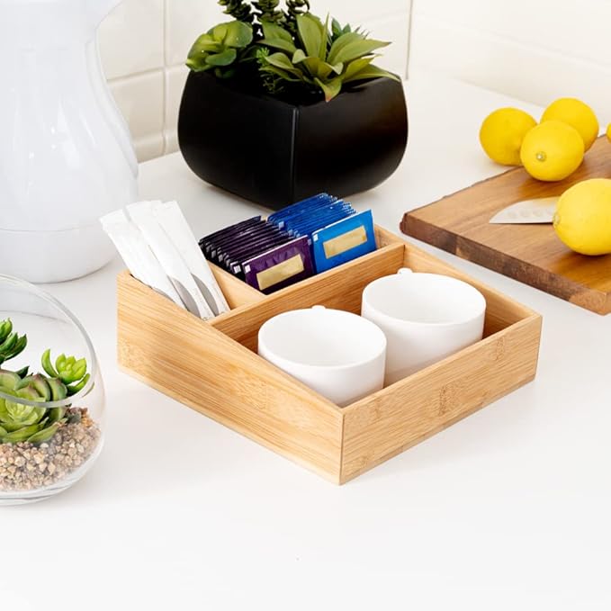 Restaurantware-8.3 x 8.3 x 2 Inch Coffee Condiment Organizer, 1 Square Creamer Organizer - 3 Compartments, Break-Resistant, Bamboo Coffee Accessory Caddy, Won't Chip, For Sugar Packets And Creamers