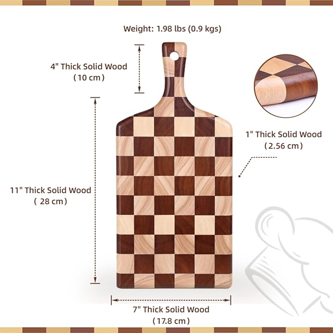 Checkered Rectangular Cutting Board with Handle for Kitchen, 15"L x 7"W x 1" Thick – Wooden Chopping & Charcuterie Serving Board in Acacia Wood for Meat, Bread, Fruit & Vegetables