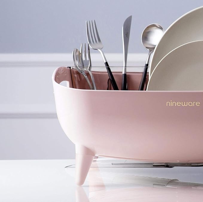 Wide Volume Dish Drying Rack, Large Capacity Kitchen Coutertop Organizer, 360° Rotatable Water Drain, Removable Utensil Holder, Sleek Design, Made in Korea (Pink)