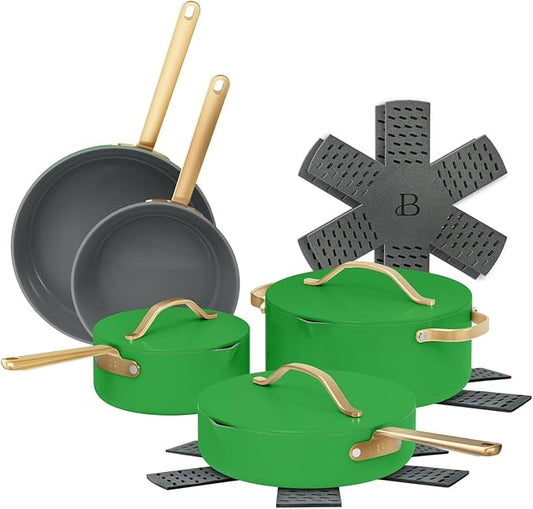 Pans12pc Ceramic Non-Stick Cookware Set by Drew Barrymore, Pots & Pans with Lids, Dishwasher‑Safe,Soft‑Touch Handles, Even‑Heat Base. (Kelly Green)