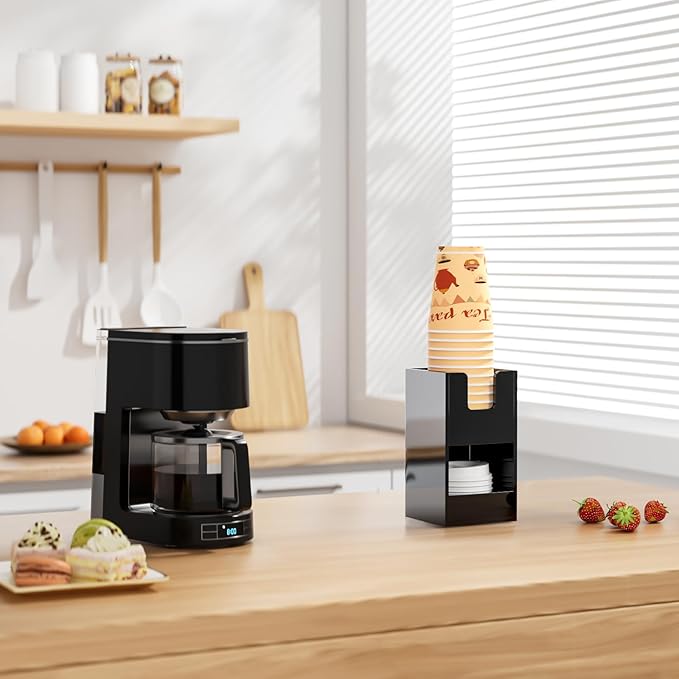 Coffee Condiment and Cup Organizer - 2-Tier Upright Cup and Lid Holder with Straw Organizer 2 Compartments Black Acrylic Cup Dispenser for Restaurant Breakroom Coffee Station Countertop