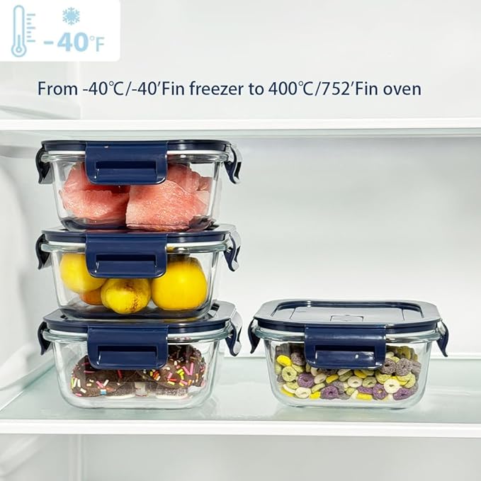 Small Square Glass Food Storage Containers With Lids，2 Cup Square Glass Containers, 16 oz Small Food Containers, Leak-proof lunch Bowls, Dishwasher Microwave Freezer Safe -(Dark Blue)