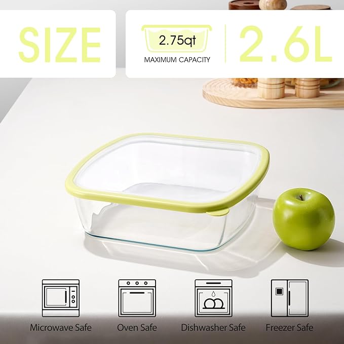 NUTRIUPS 9 x 9 Glass Baking Dish with Lid, 9 x 9 Baking Pan, 2.75QT LARGE and DEEP Baking Dish for Oven (Yellow, 2.6L)
