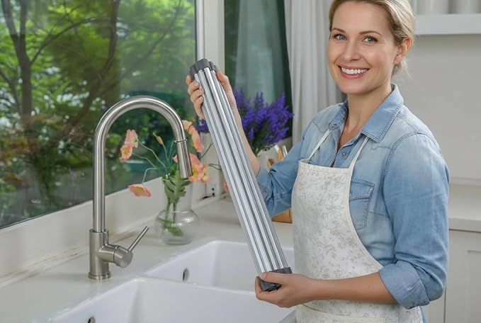 Aluminum Roll Up Dish Drying Rack Over Sink - Supports up to 55 lbs | Heavy Duty Square Bar | Rust-Free Anodized & Heat Resistant Cooling Rack with Dish Holder (Purple Gray, Large)
