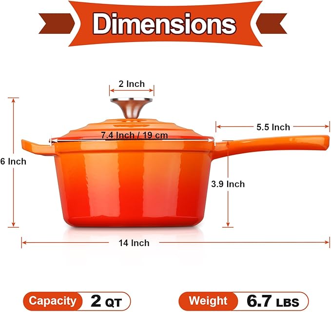 HaSteeL 2 QT Cast Iron Saucepan, Mini Enamel Dutch Oven with Lid, Small Non Stick Pan for Milk, Pasta Tomato Sauce, Butter, Breakfast, Soup, Suitable for Boiling Stewing Frying, Easy to Clean, Orange