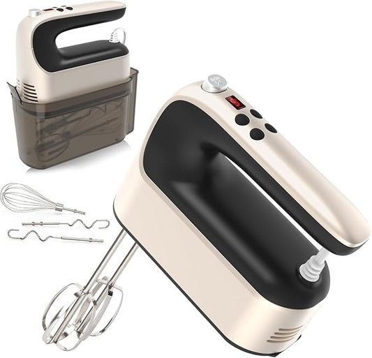 9-Speed Digital Hand Mixer Electric, 400W Powerful DC Motor, Hand Mixer Electric Handheld with Snap-On Storage Case, 5 Stainless Steel Accessories, Beaters, Dough Hooks, Whisk(Champagne Gold)