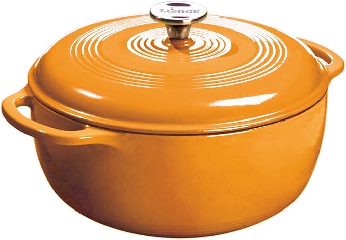 Lodge 7.5 Quart Enameled Cast Iron Dutch Oven with Lid – Dual Handles – Oven Safe up to 500° F or on Stovetop - Use to Marinate, Cook, Bake, Refrigerate and Serve – Apricot