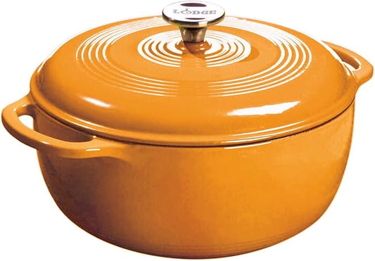 Lodge 7.5 Quart Enameled Cast Iron Dutch Oven with Lid – Dual Handles – Oven Safe up to 500° F or on Stovetop - Use to Marinate, Cook, Bake, Refrigerate and Serve – Apricot