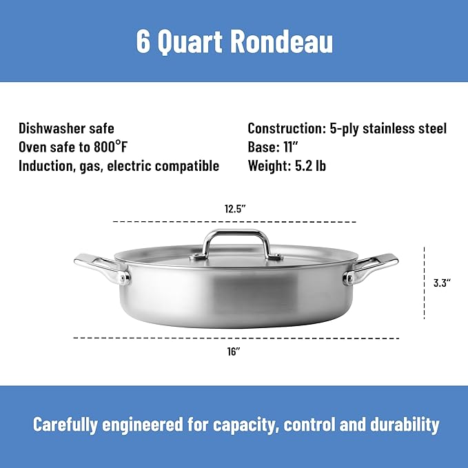Misen 5-Ply Stainless Steel 6QT Rondeau – Wide, Flat Cooking Surface - Even Heating, Perfect Searing - Durable, Versatile Cookware – Oven-Safe to 800F, Induction Compatible