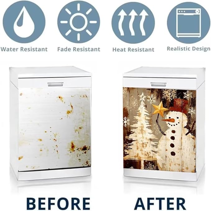 Christmas Snowman Dishwasher Magnet Cover, Rustic Winter Holiday Theme Refrigerator Magnetic Vinyl Sticker for Dishwasher Door, Decorative Kitchen Appliance Panel Decal, 23Wx26H Inches