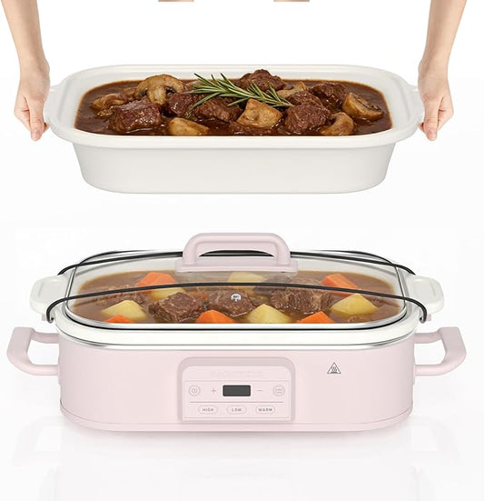 4 Quart Casserole Programmable Slow Cooker with Ceramic Baking Dish - Perfect Kitchen Small Appliance for Family Dinners, Oven Safe and Durable Bakeware for Lasagna, Roasts (Pink)