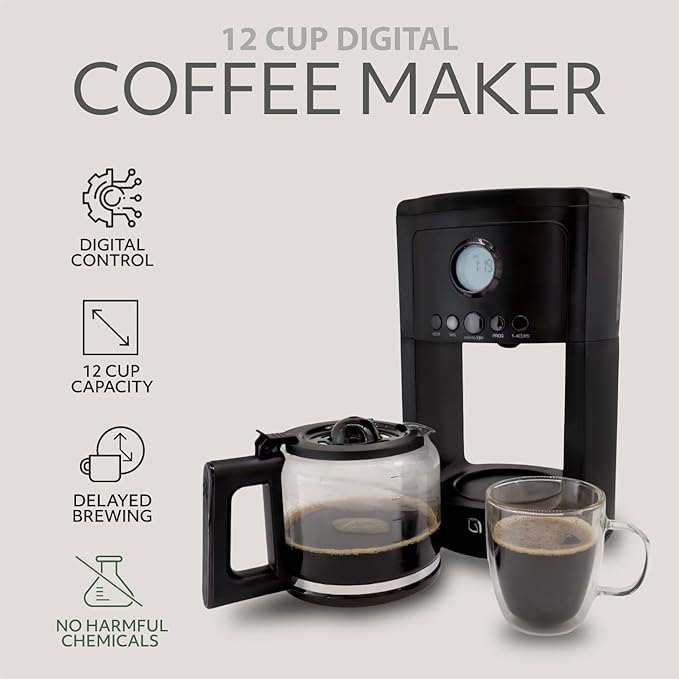 WILLOW Eco Series 12 Cup Drip Coffee Maker, 24 HR Programmable Coffee Maker with Glass Coffee Pot, Removable Filter Basket, Keep Warm Function & Auto Shut-off, Coffee Machine with Digital Display