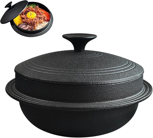 Korean Traditional Cast Iron Pot, Heavy Duty Dutch Oven with Lid, Rice Stew Pot Skillet Cookware for Braising Stews Roasting,Gas Stove Induction Cooker Safe(D24cm/9.4", Black)