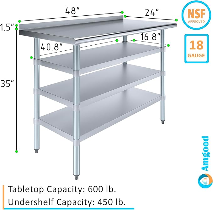 AmGood Stainless Steel Work Table with 1.5" Backsplash and 3 Shelves | Metal Kitchen Food Prep Table | NSF (48" Long x 24" Deep)
