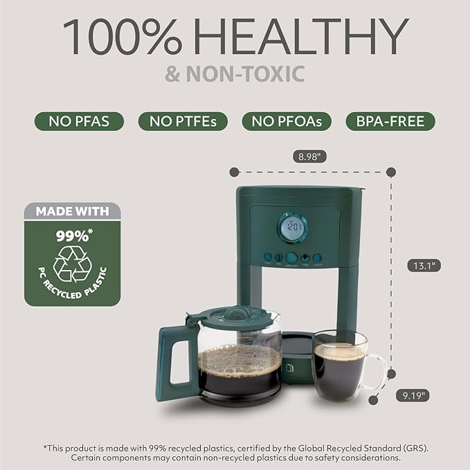 WILLOW Eco Series 12 Cup Drip Coffee Maker, 24 HR Programmable Coffee Maker with Glass Coffee Pot, Removable Filter Basket, Keep Warm Function & Auto Shut-off, Coffee Machine with Digital Display