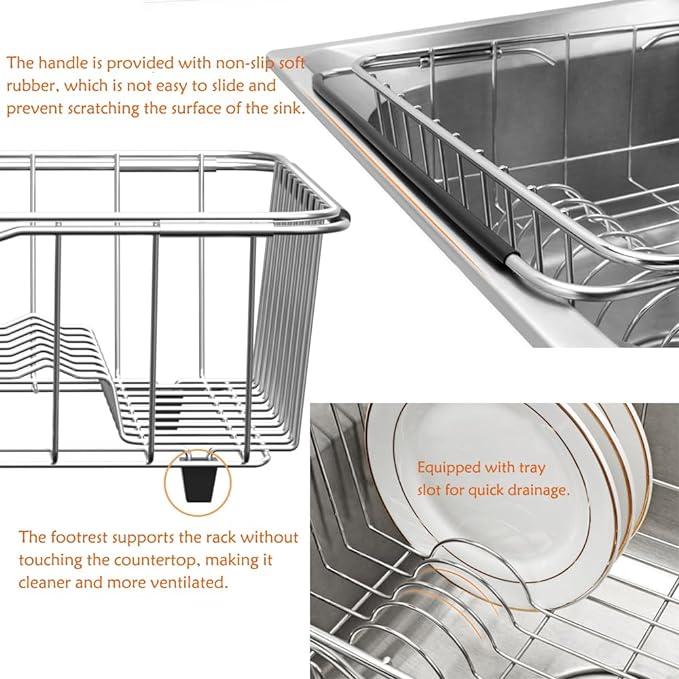 Stainless Steel Dish Drying Rack(15.2"L X 11"W X 5.3"H), Expandable Fruit & Vegetable Drain Rack over Sink, Dish Drainer Rack in Sink, with Stainless Steel Utensil Holder & Silicone Mat(16")