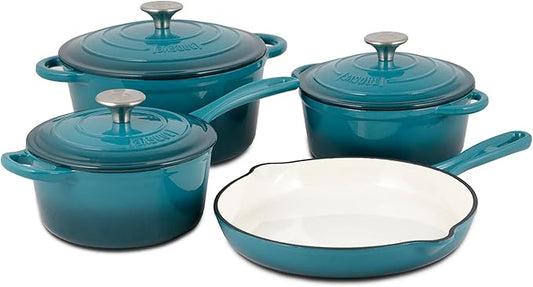 Basque Enameled Cast Iron Cookware Set, 7-Piece Set (Biscay Blue), Nonstick, Oversized Handles, Oven Safe; Skillet, Saucepan, Small Dutch Oven, Large Dutch Oven, 10.25", 2QT, 2.25QT, 4.75QT