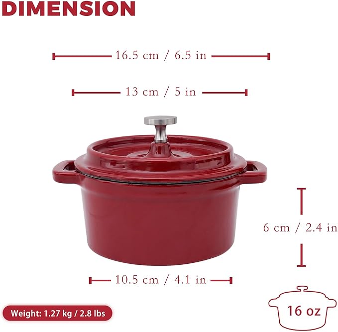 Mini Cocotte 16 oz Mini Dutch Oven 0.5 qt. Cast Iron Garlic Roaster for Oven Garlic Confit Pot Ramekins with Lids Oven Safe Set of 2, Red