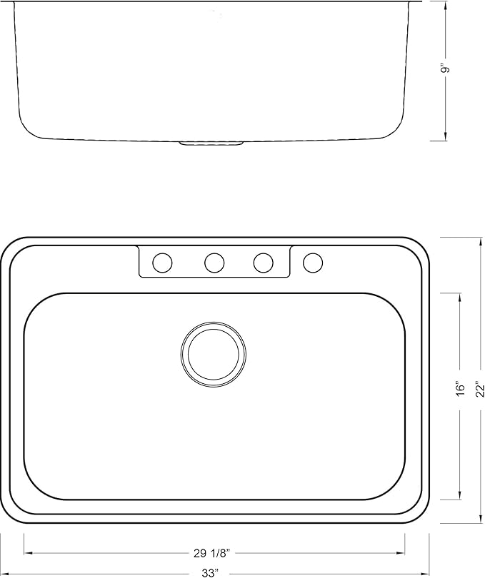CozyBlock 33 x 22 x 9 Inch Top-mount/Drop-in Stainless Steel Single Bowl Kitchen Sink with Strainer and Cutting Board - 18 Gauge Stainless Steel-4 Faucet Hole