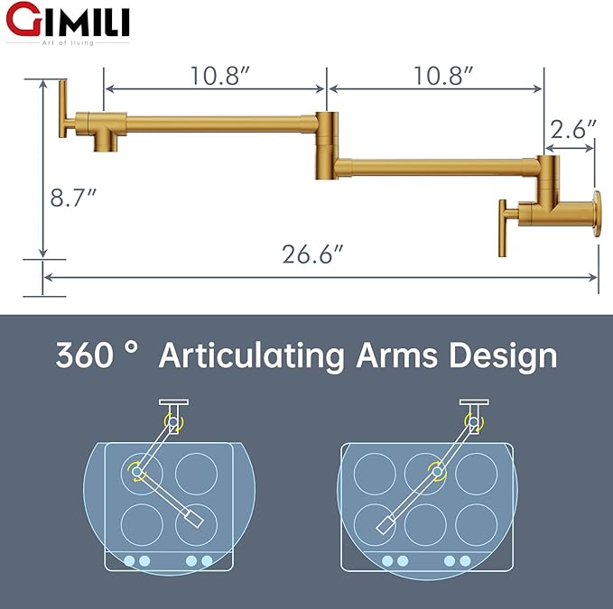 GIMILI Pot Filler Gold Commercial Wall Mount Faucet Folding Double Joint Swing Arm Pot Filler Rotatable Wall Faucet