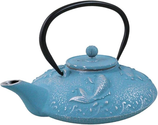 Ebros Gift Traditional Oriental Tetsubin Cast Iron Teapot With Enameled Interior 27oz Asian Japanese Chinese Fusion Housewarming Tea Pot Accent (Turquoise Blue Auspicious Koi Fishes)