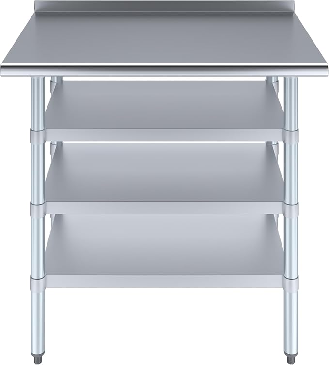 AmGood Stainless Steel Work Table with 1.5" Backsplash and 3 Shelves | Metal Kitchen Food Prep Table | NSF (36" Long x 24" Deep)
