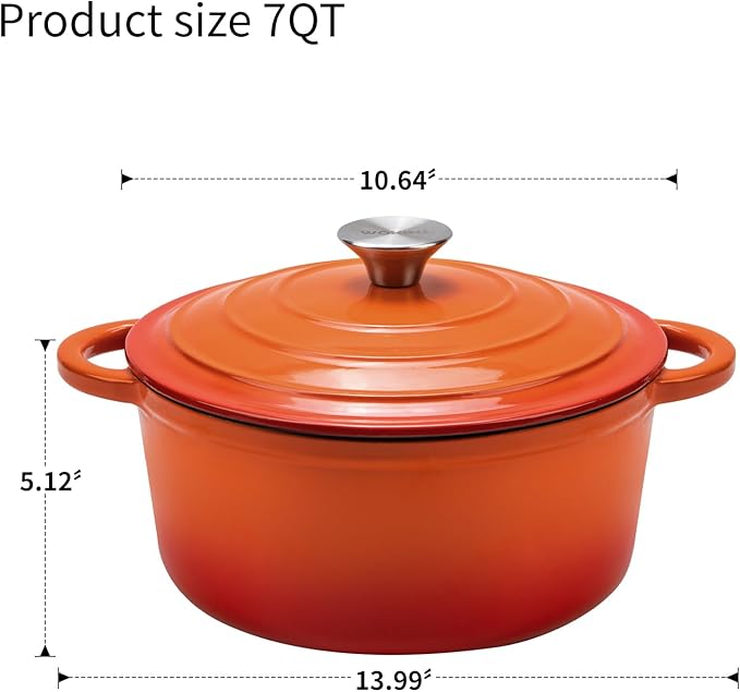 7QT Enameled Cast Iron Dutch Oven Pot with Lid,Heavy-Duty Cookware for Sourdough Bread Baking,Braising,Stews,Roasting,Oven Safe up to 500°F,orange