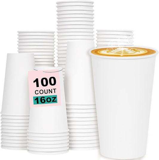 16 oz 100 Pack Disposable Coffee Cups, Bulk White Disposable Paper Cups, Coffee Cups for Hot Tea, Chocolate and Cold Drinks