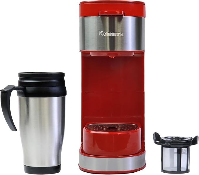 Kenmore Single Serve Coffee Maker – Compatible with Keurig K‑Cup Pods & Ground Coffee, One Cup Brewer, 6–14 Oz Brew Sizes, Travel Mug Friendly, Auto Shut‑Off, Hot & Iced Maquina de cafe, Red