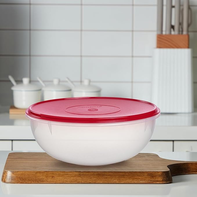 Tupperware Fix-N-Mix 1.7 Gallon Mixing Bowl, Clear with Lipstick Colored Lid, Dishwasher Safe and BPA Free (6.5 L)