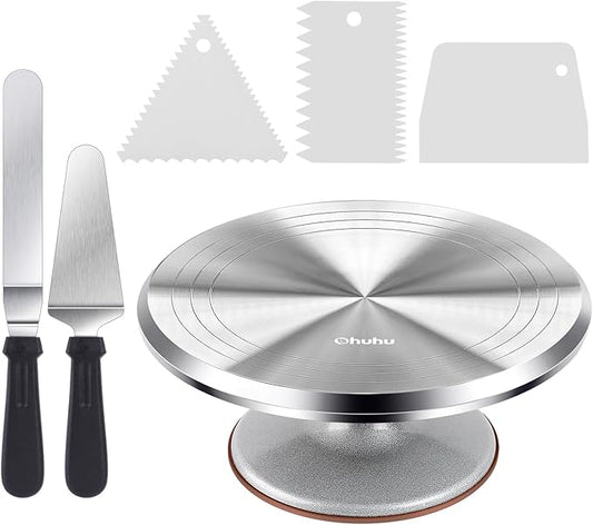 Cake Turntable, Ohuhu Aluminium 12'' Cake Decorating Kit Supplies Rotating Stand Revolving Spinner with 2 Icing Spatula 3 Comb Smoother Perfect Gifts