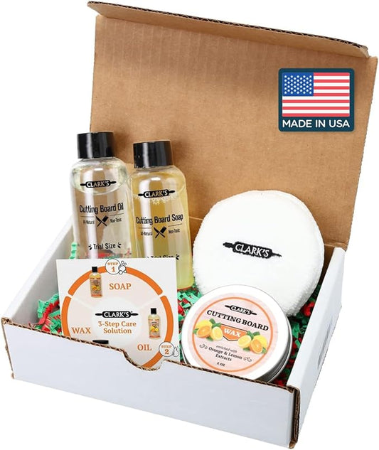 CLARK'S Cutting Board Care Kit, Includes Wood Cutting Board Oil, Soap, Wax, and Buffing Pad, Food Grade Mineral Oil, Housewarming Gift Set for Newly Married, Women, Girlfriend