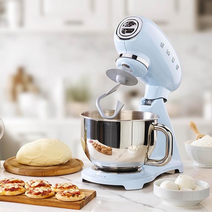 SMEG SMF03 Stand Mixer – 5 Qt Tilt-Head Mixer with Stainless Steel Bowl, 10 Speeds, Retro 50s Vintage Style – Pastel Blue