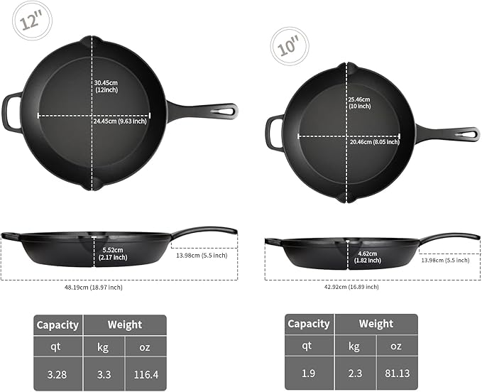 Cast Iron Skillet Set (10” + 12”) – Heavy-Duty Pre-Seasoned Cookware Set, Holiday Kitchen Essentials, Oven Safe Frying Pan Combo