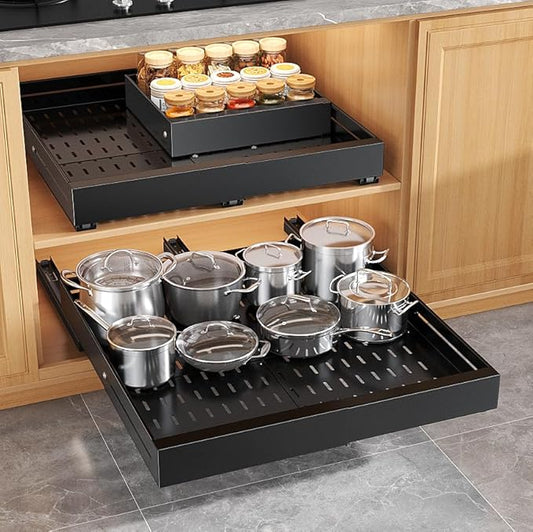 2 Pack Pull out Cabinet Organizer, Expandable Width(14"-24"), Depth(13"-24") with 3 Rails, Slide Out Drawers With Raising Pad for Framed Cabinets, with Adhesive Film for Cabinets in Kitchen, Black