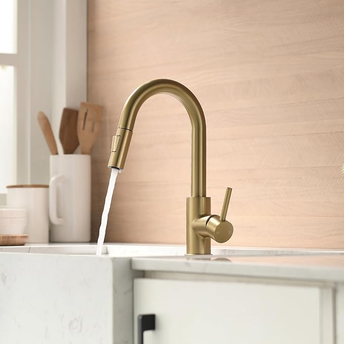Modern Bar Sink Faucet for Kitchen Sink Single Handle with Pull Out Sprayer Hot and Cold Prep Sink Faucet Brushed Gold