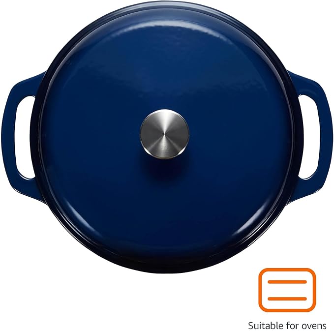 Amazon Basics Enameled Cast Iron Dutch Oven Pot with Lid, Dual Handles, Heavy-Duty, Oven Safe for Stews, Roasting, Baking, 6-Quart, Navy