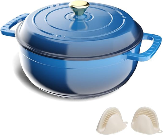 ROVSUN Enameled Cast Iron Round Dutch Oven, 6QT Pot with Lid &Dual Handles with Silicone Gloves,Oven Safe up to 500°F, Heavy-Duty Pre-Seasoned Cookware for Bread Baking, Braising, Stews, Roasting, Blue