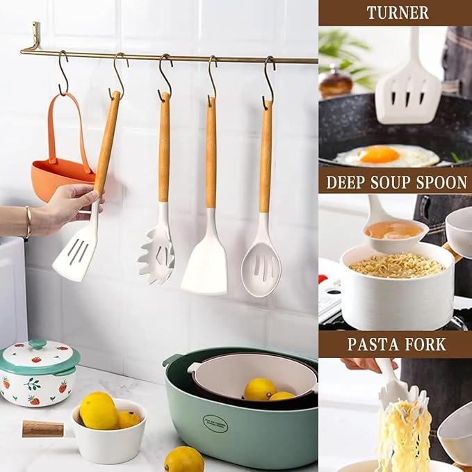 33-Piece Silicone Kitchen Cooking Utensils Set with Large Holder | Food Grade- Heat-Resistant,Non-Stick Cooking Utensils with Wooden Handles | BPA-Free Kitchen Tools for Nonstick Cookware for Gifting