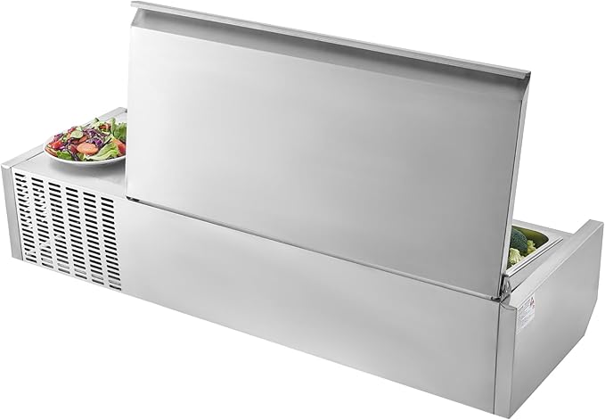 VEVOR Refrigerated Condiment Prep Station, 130 W Countertop Refrigerated Condiment Station, with Two 1/3 Pans & Four 1/6 Pans, 304 Stainless Body and PC Lid, Sandwich Prep Table with Stainless Guard